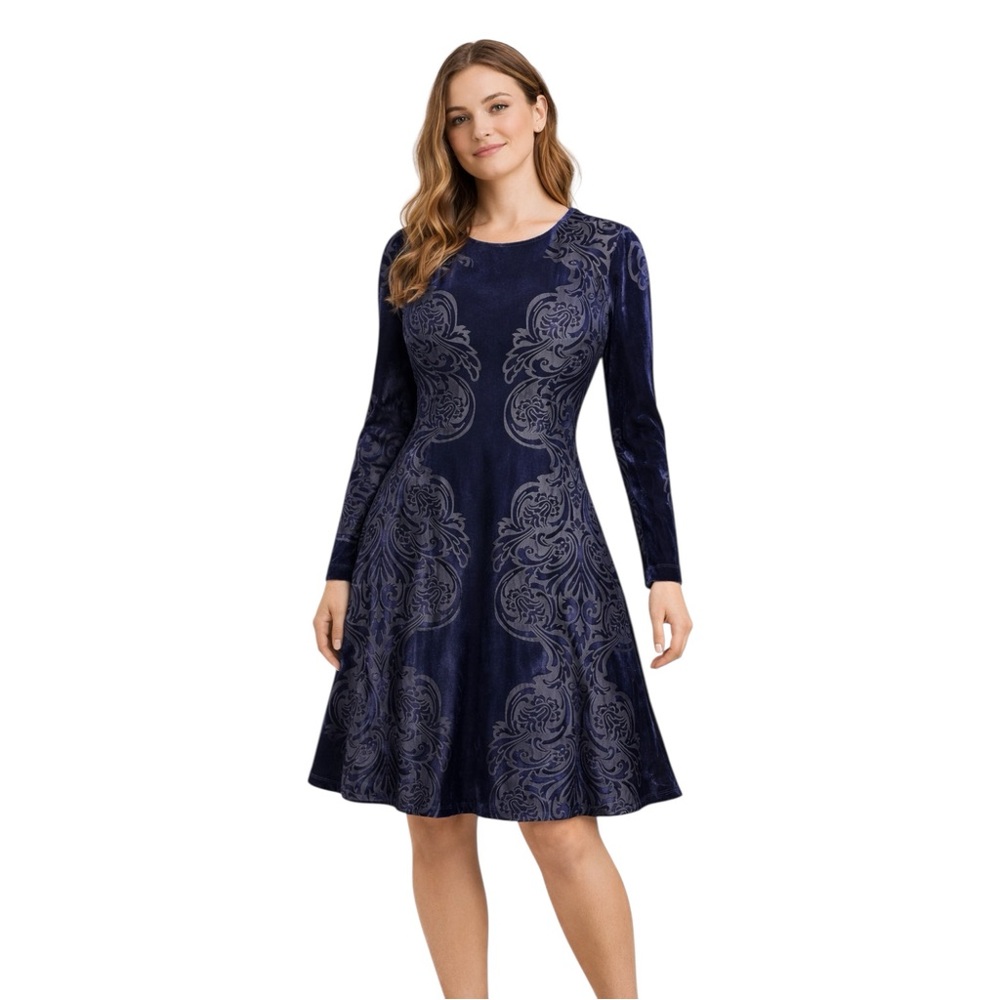 Eliza J Elegant Navy Blue Velvet Burnout Baroque Scroll Silhouette Cocktail Chic